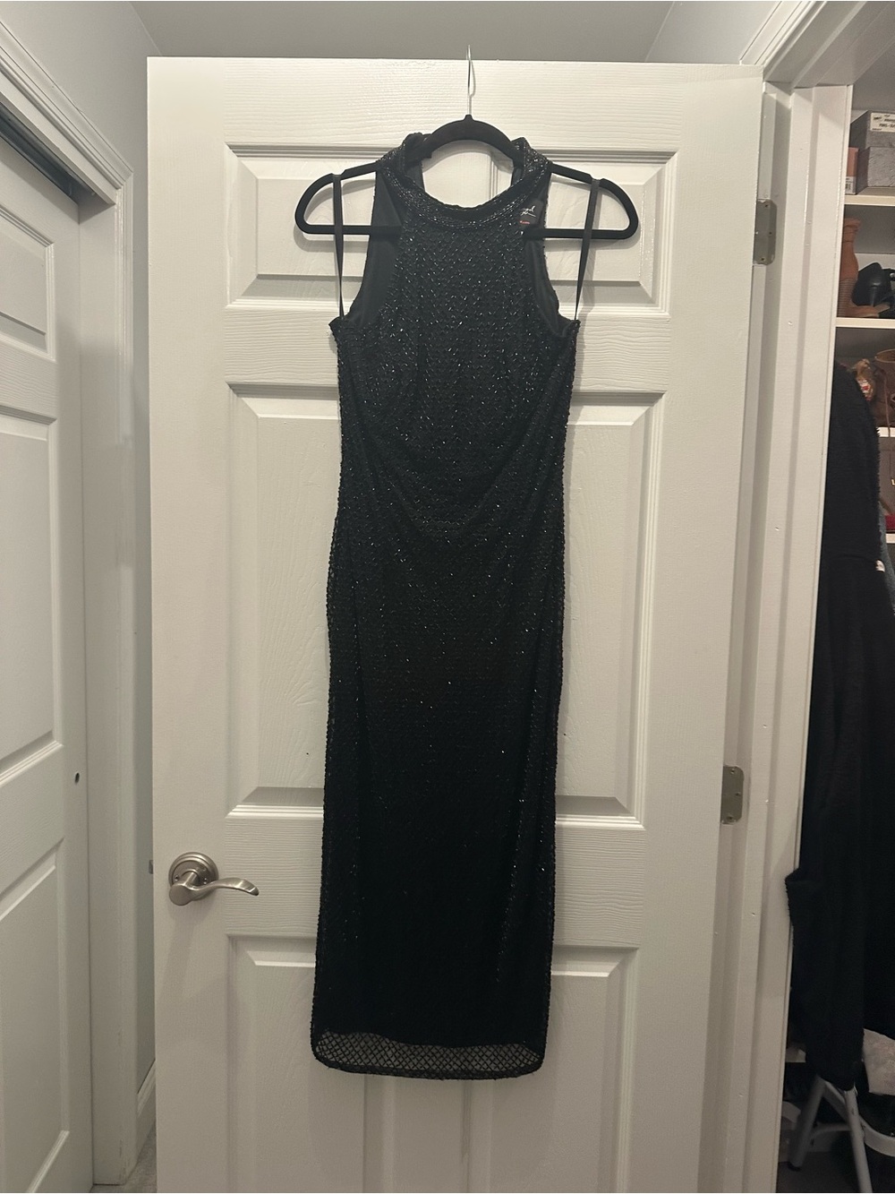 Mac Duggal Black Sparkle Midi Halter Dress